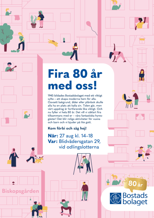 Bild på själva inbjudan som är rosa i bakgrunden med en massa människor som rör sig ute och gör olika saker. I mitten är det en text med rubriken "Fira 80 år med oss". Själva texten i bilden finns med i nyhetsartikeln.