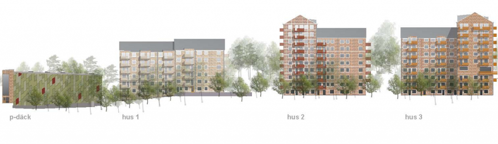 Fasader Kålltorp baksidan. 3D-rendering som visar byggnationen.