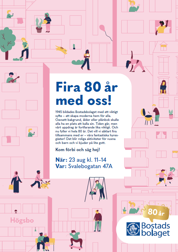 Bild på själva inbjudan som är rosa i bakgrunden med en massa människor som rör sig ute och gör olika saker. I mitten är det en text med rubriken "Fira 80 år med oss". Själva texten i bilden finns med i nyhetsartikeln.