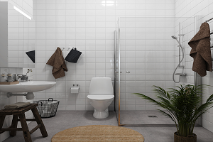 Bilden visar ett helkaklat badrum