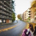 Visionsbild föreställande en gata med nybyggda hus på var sida i Robertshöjd.