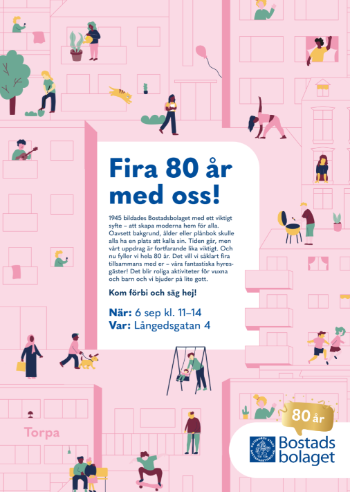 Bild på själva inbjudan som är rosa i bakgrunden med en massa människor som rör sig ute och gör olika saker. I mitten är det en text med rubriken "Fira 80 år med oss". Själva texten i bilden finns med i nyhetsartikeln.