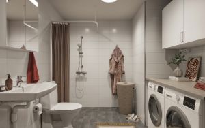 Illustrationsbild av badrum, med toalett, handfat och dusch. Man ser också tvättmaskin och torktumlare.