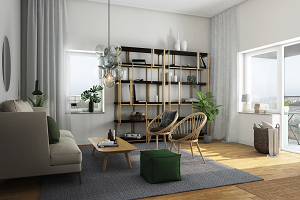 Bilden visar ett möblerat vardagsrum